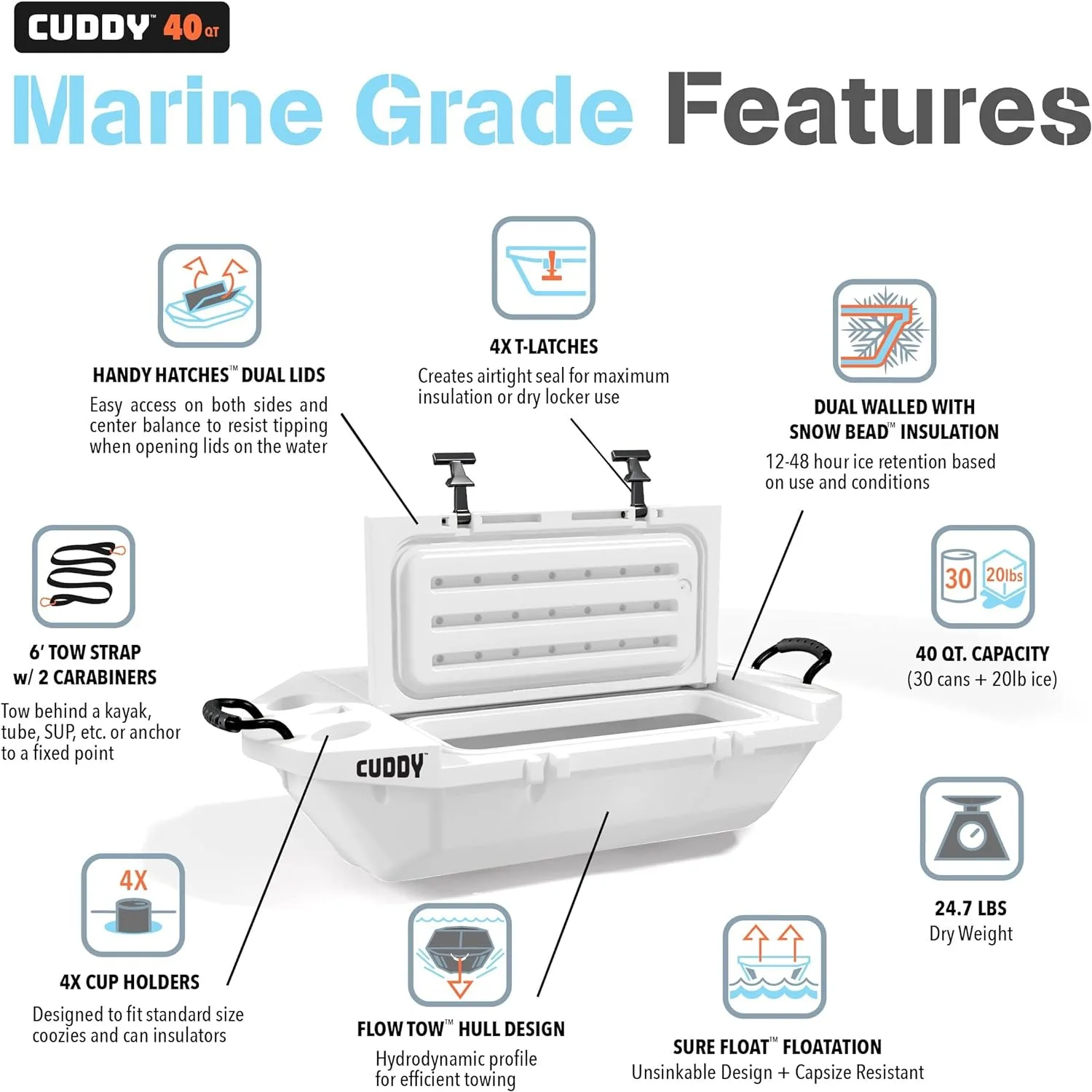 Cuddy Floating Cooler and Dry Storage Vessel &ndash; 40QT &ndash; Amphibious Hard Shell Design-Multiple Color Options