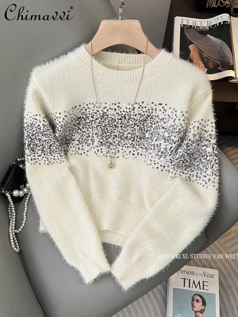 

New Ladies 2023 Autumn Winter High-end Heavy Sequins Round Neck Sweater Women's Loose Long Sleeve Elegant Pullover Knitted Top
