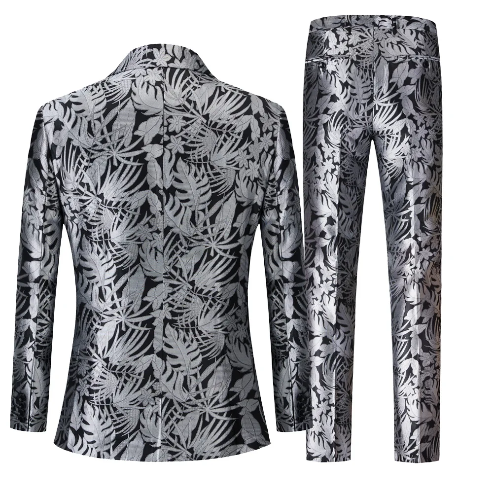 Elegant Men&lsquo;s Business Double Breasted Silver Leaf Suit / Male Slim Dancer Singer Party Host 2 Pcs Blazers Jacket Pants Sets