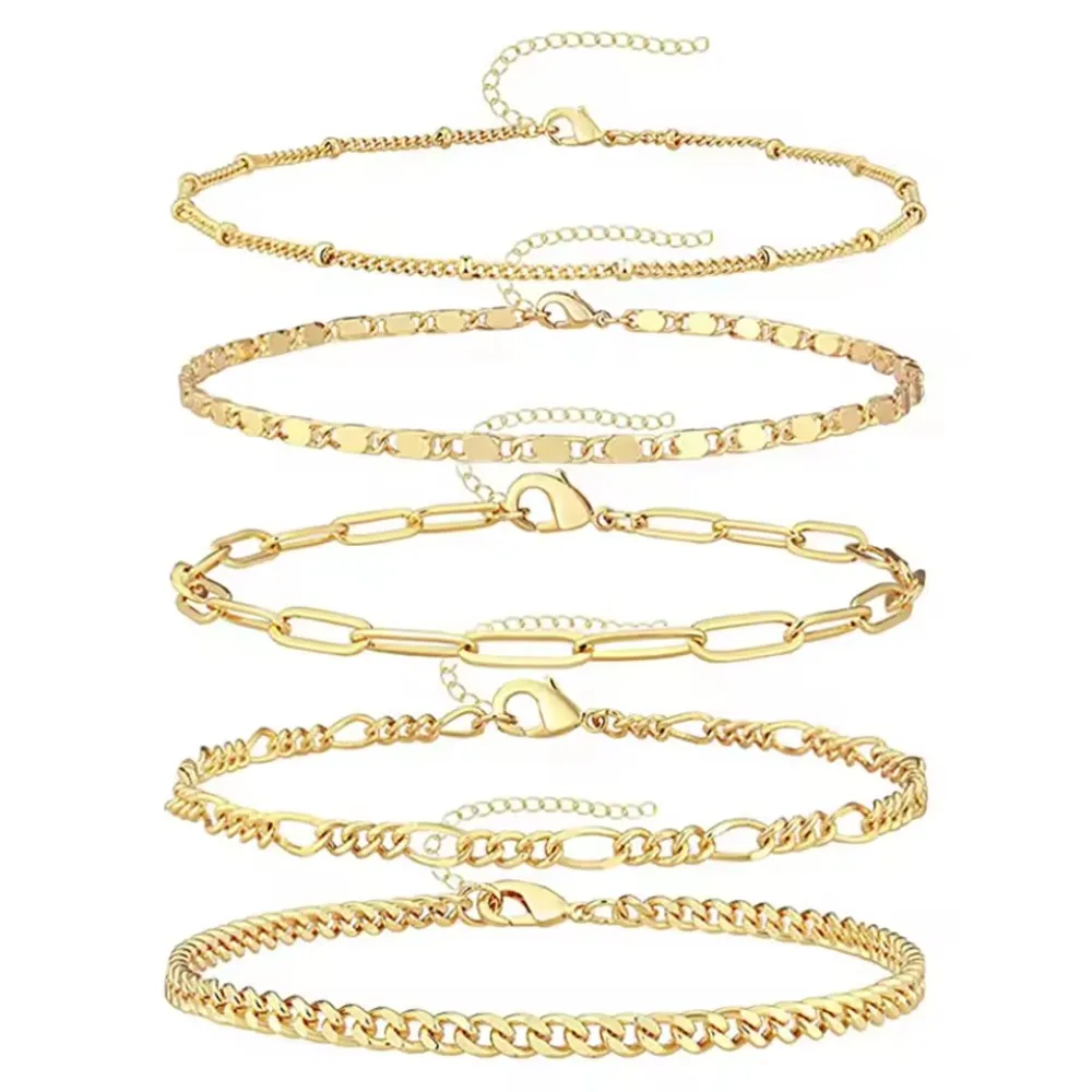 Bracelets Set for Women,14K Gold Plated Dainty Gold Link Chain Bracelets Trendy Stackable Gold Cuff Bracelets Jewelry Gifts