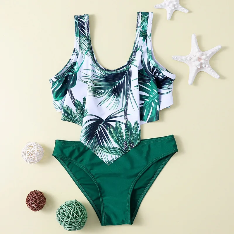 Nuova Estate Bambini Costumi Da Bagno Foglia Stampa Volant Bikini Set Ragazze Adolescenti Due Pezzi Costume Da Bagno Piscina Costume Da Bagno Bambini 