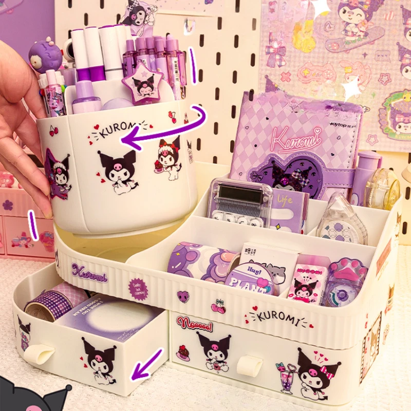 Pen Holder Kawaii Sanrio Kuromi Rotating Drawer Pen Holder Storage Box Organizer Large Capacity Desktop Cute Multi-functional Storage Rack