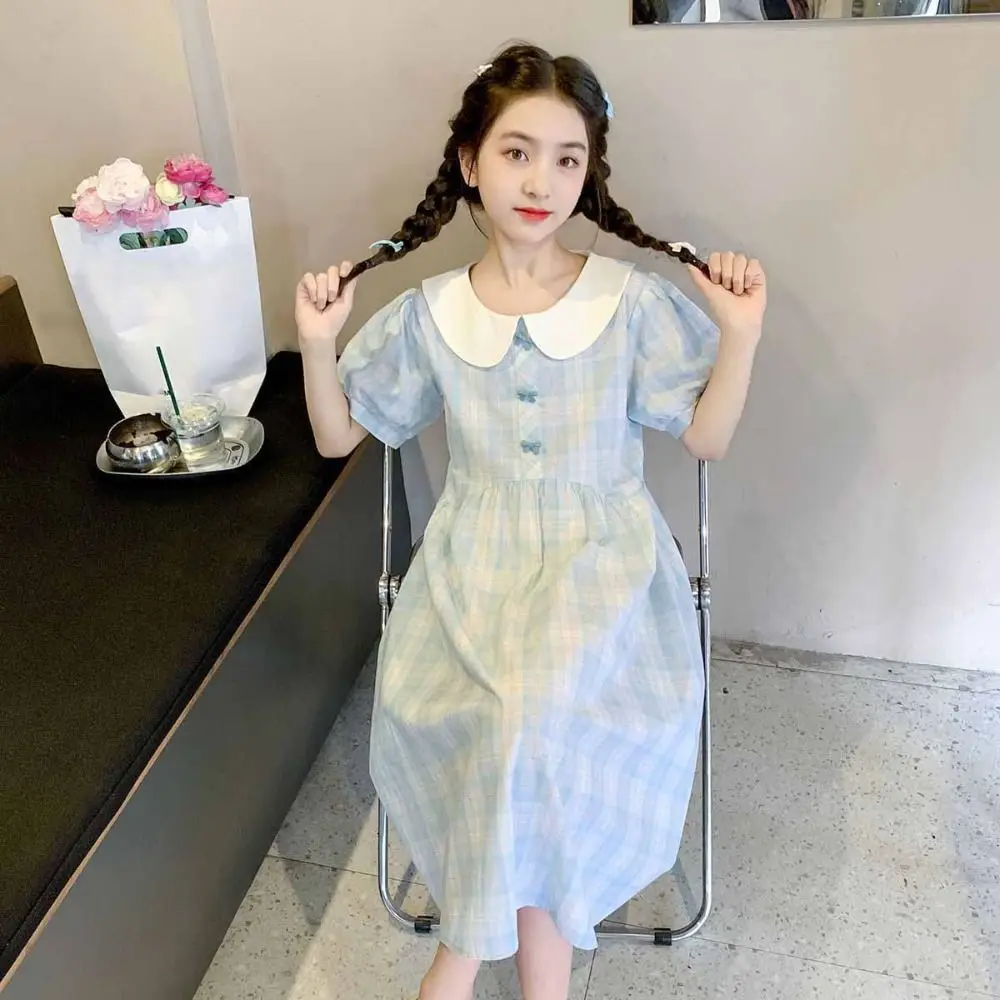 Elegant Loose Girls Plaid Dress Sweet Party Summer Kids Dresses Teenagers Beach Vacation Children Princess Dress Holiday