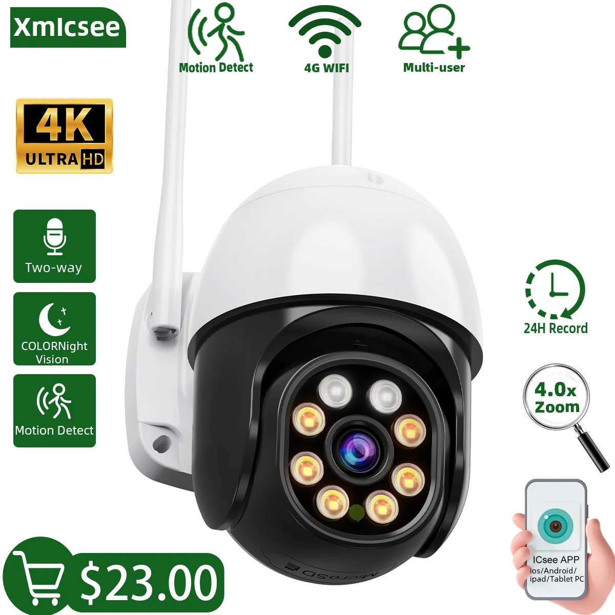 

Xmicsee Wifi Outdoor IP Camera 8MP Wireless CCTV Surveillance Camera AI Human Detection Color Night Vision Digital Zoom iCsee