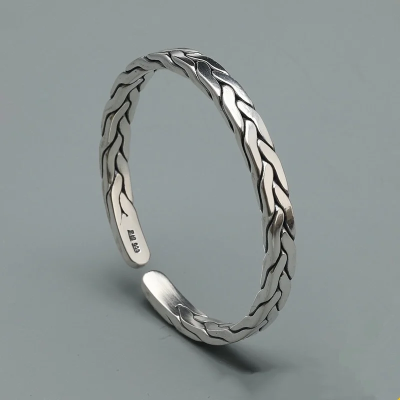 Sterling silver S999 men's and women's twist couple bracelet Handwoven open adjustable retro simple bracelet