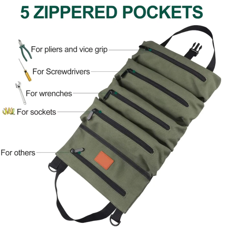 Tool Bag Multi-Purpose Roll Up Wrench Roll Canvas Tool Organizer Bucket Car First Aid Kit Wrap Roll Storage Case