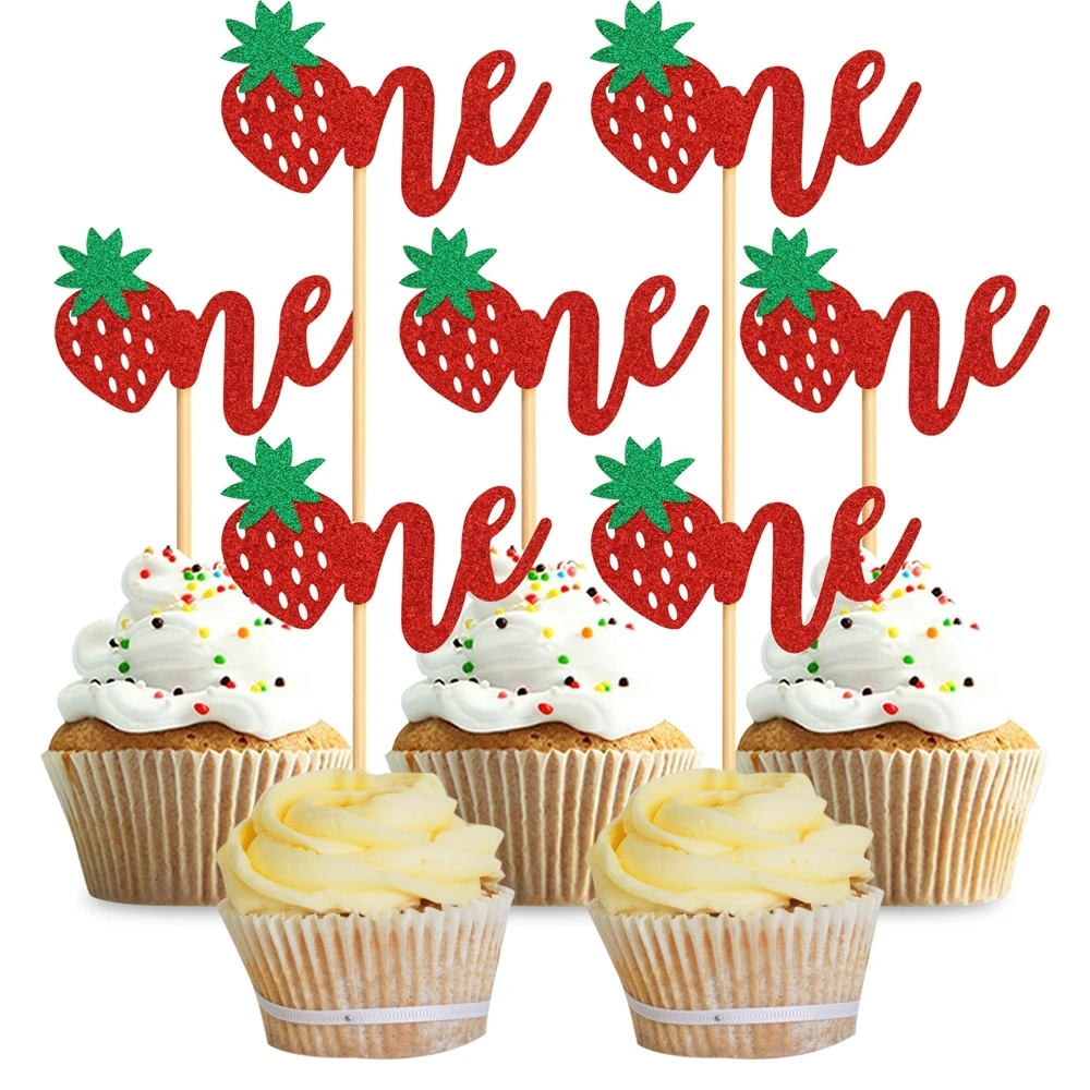 1 Satz Bling Erdbeer-Cupcake-Topper Sweet One Topper für Sommer-Erdbeerfrüchte-Themen Happy Birthday Party-Kuchendekoration – Detail 1