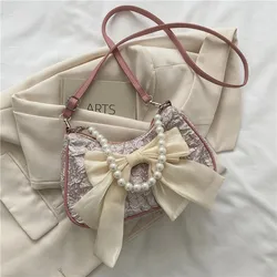 Elegant Pearl-Embellished Retro Designer Handbag with Bow - Luxury Canvas Crossbody Shoulder Bag (Pink)