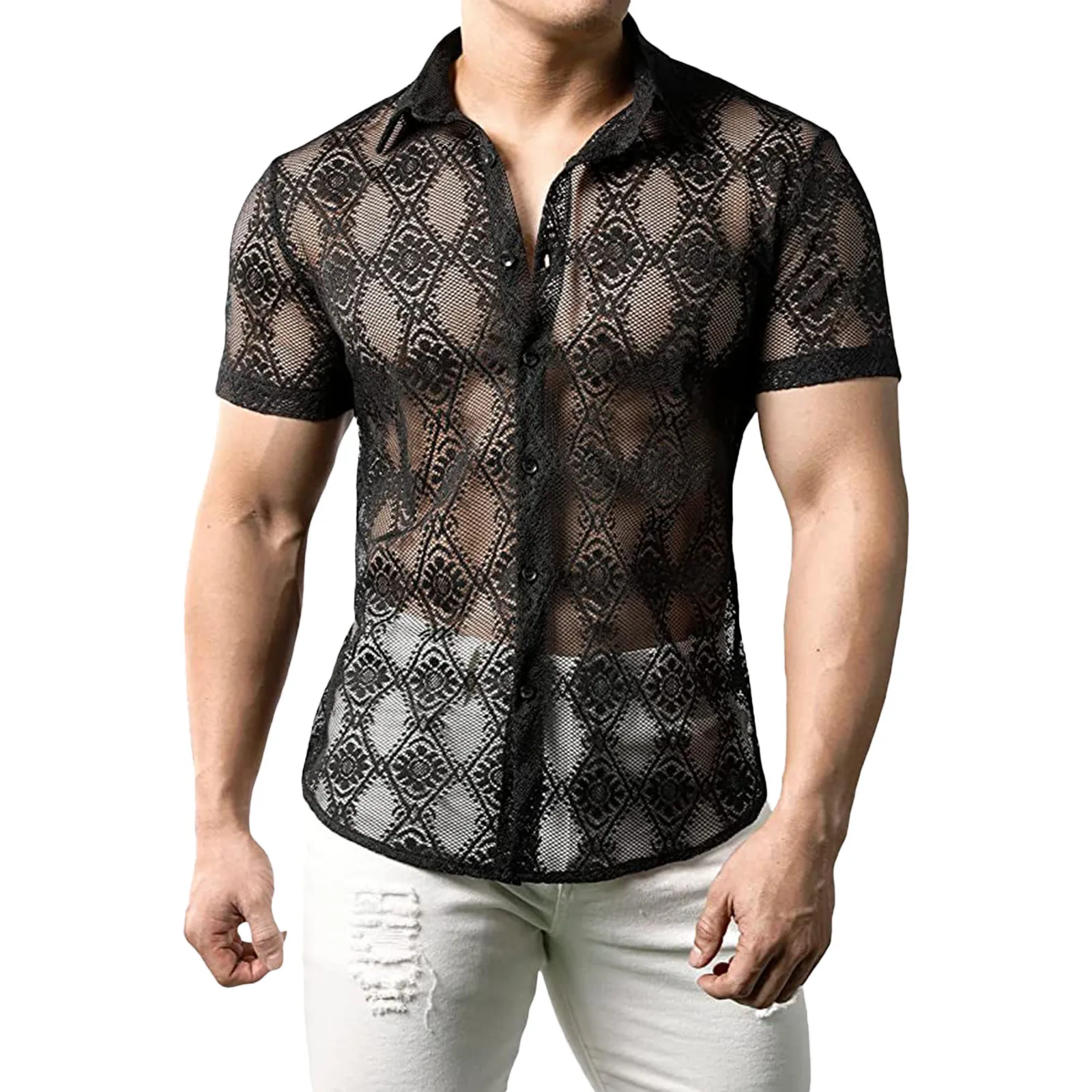 

Men Mesh Shirt Lace Lapel Short Sleeve Flower Lace Sheer Transparent Streetwear Sexy Camisas Fashion Party Nightclub Shirts Men