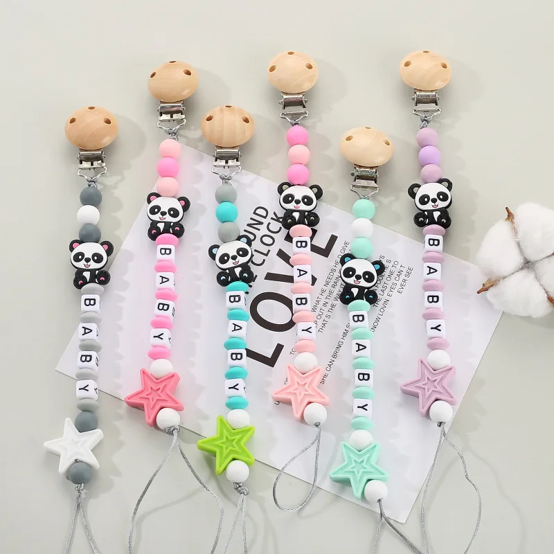 NEW Custom Personalized Name Pacifier Clip Handmade Panda Chain Silicone Star Holder Soother Baby Teething Toy Chew Gift