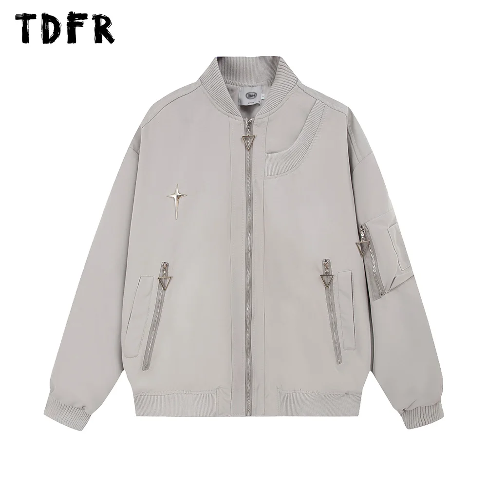 

Zipper Decoration Ma-1 Bomber Jacket Mens Autumn Winter Solid Color Stand Collar Long Sleeve Jacket Men