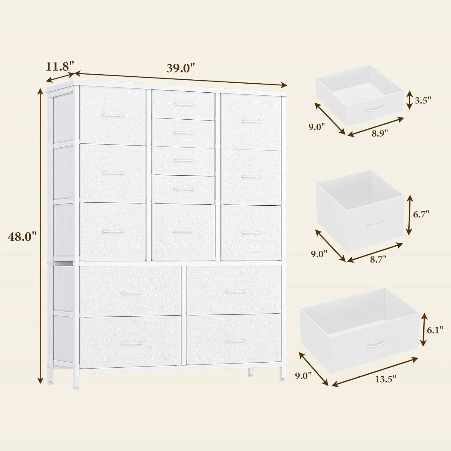 15 Drawers Dresser, Tall Dressers, Large Chests of Drawers, Fabric Storage Dresser Organizer Unit (White Wood Grain Print) 3