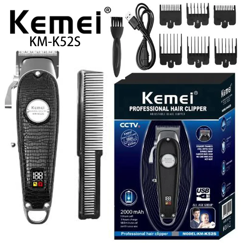 Kemei KM-52s 2022 Hot Sale High Quality Fast Charging Tell Motor Professional Cordless Hair Clipper Hair Clipper Limit Comb