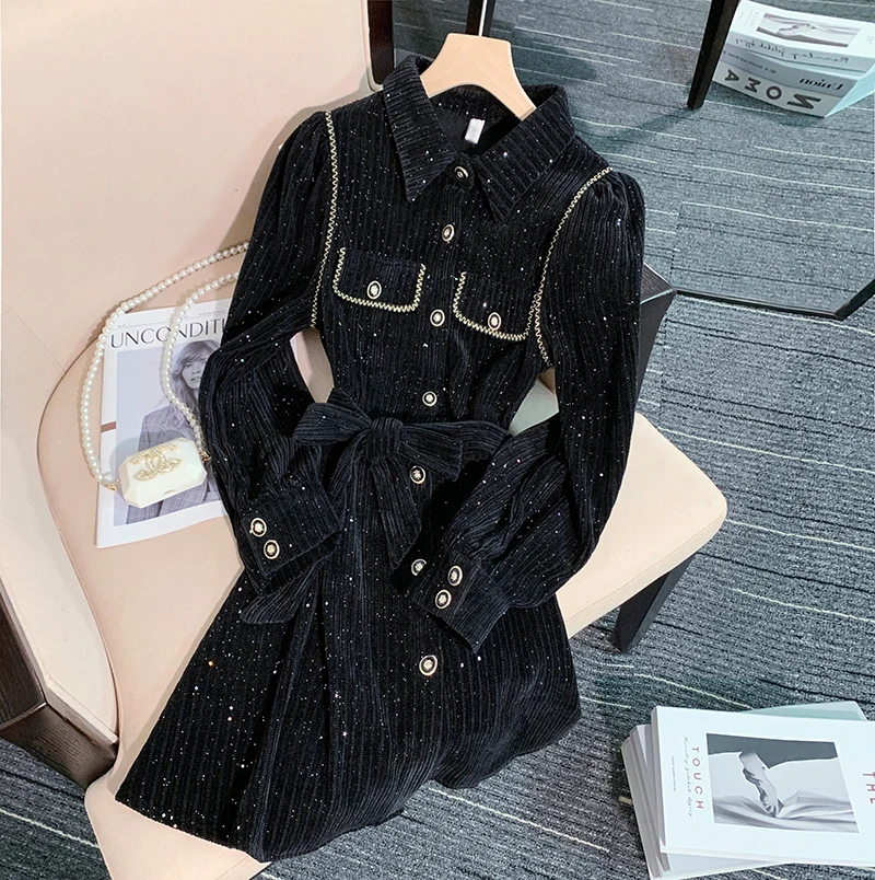 

Черное платье с блестками, новинка сезона осень-зима 2023, женское однобортное блестящее платье с длинным рукавом, отложным воротником и шнуровкой, элегантные платья для свиданий