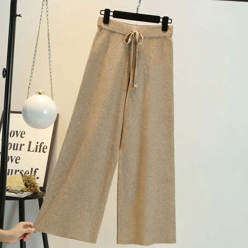 Knitted Wide Leg Pant Women Solid Colors Lace Up Autumn Winter Baggy Trousers All-Match Casual Ankle-Length Pants Korean Fashion