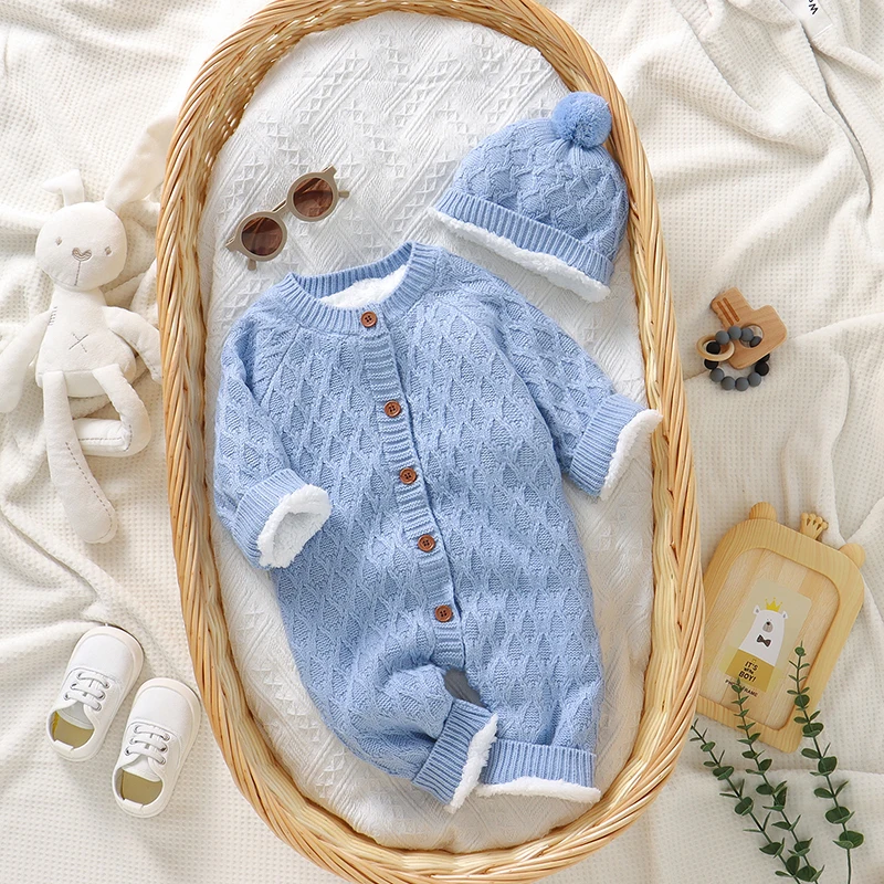 

Winter Baby Rompers Hats Clothes Sets Autumn Casual Blue Long Sleeve Newborn Infant Boy Girl Fleece Jumpsuits Outfits 0-18m Wear