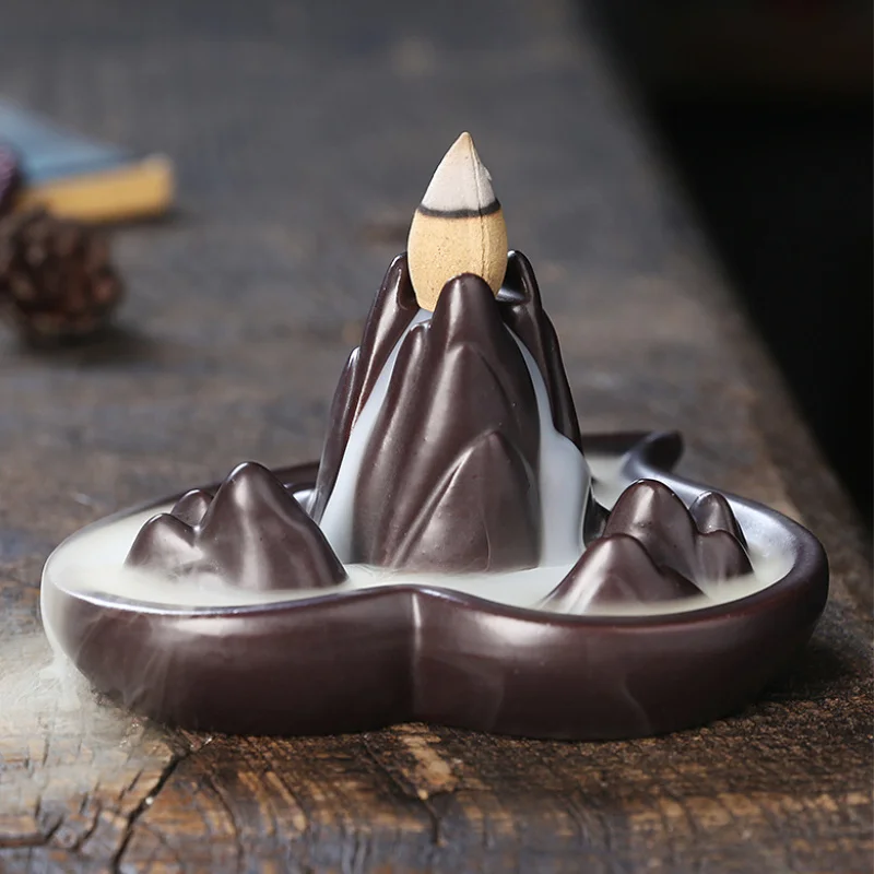 Ceramic Backflow Incense Burner - Creative Heart-shaped "High Mountain and Flowing Water" Design, Home Decoration Ornament&Gift