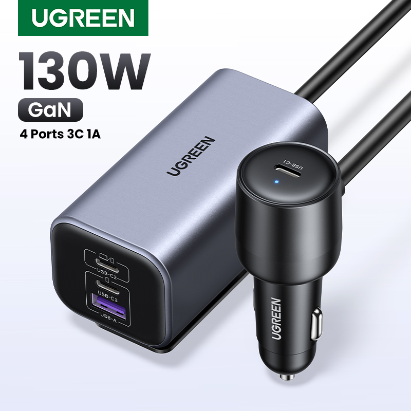 UGREEN Car Charger 130W Fast Charge Extender 4 USB Devices GaN Charger for iPhone 16 15 USB C Charger for iPad Notebook
