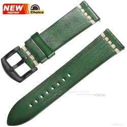 Luxurious Handmade Stitching Leather Watch Strap - Multiple Sizes Available - 22mm (Green Black)