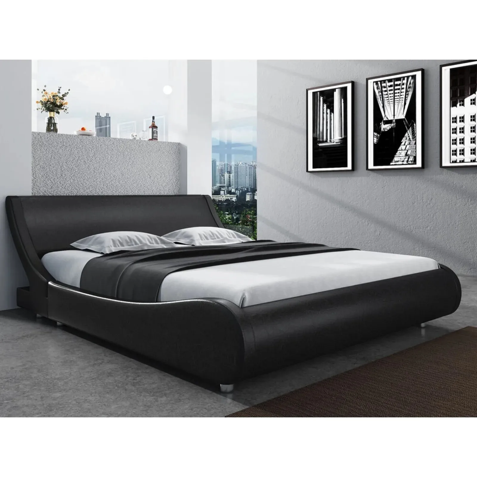 US Leather low-key sled platform bed frame with headboard, glossy black-