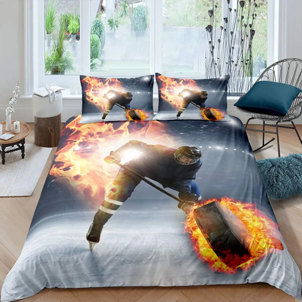 Ice Hockey Duvet Cover Set Boys Puck King Size Sports Games Theme Bedding Set For Kids Youth Adult Men Winter Match Quilt Cover 3