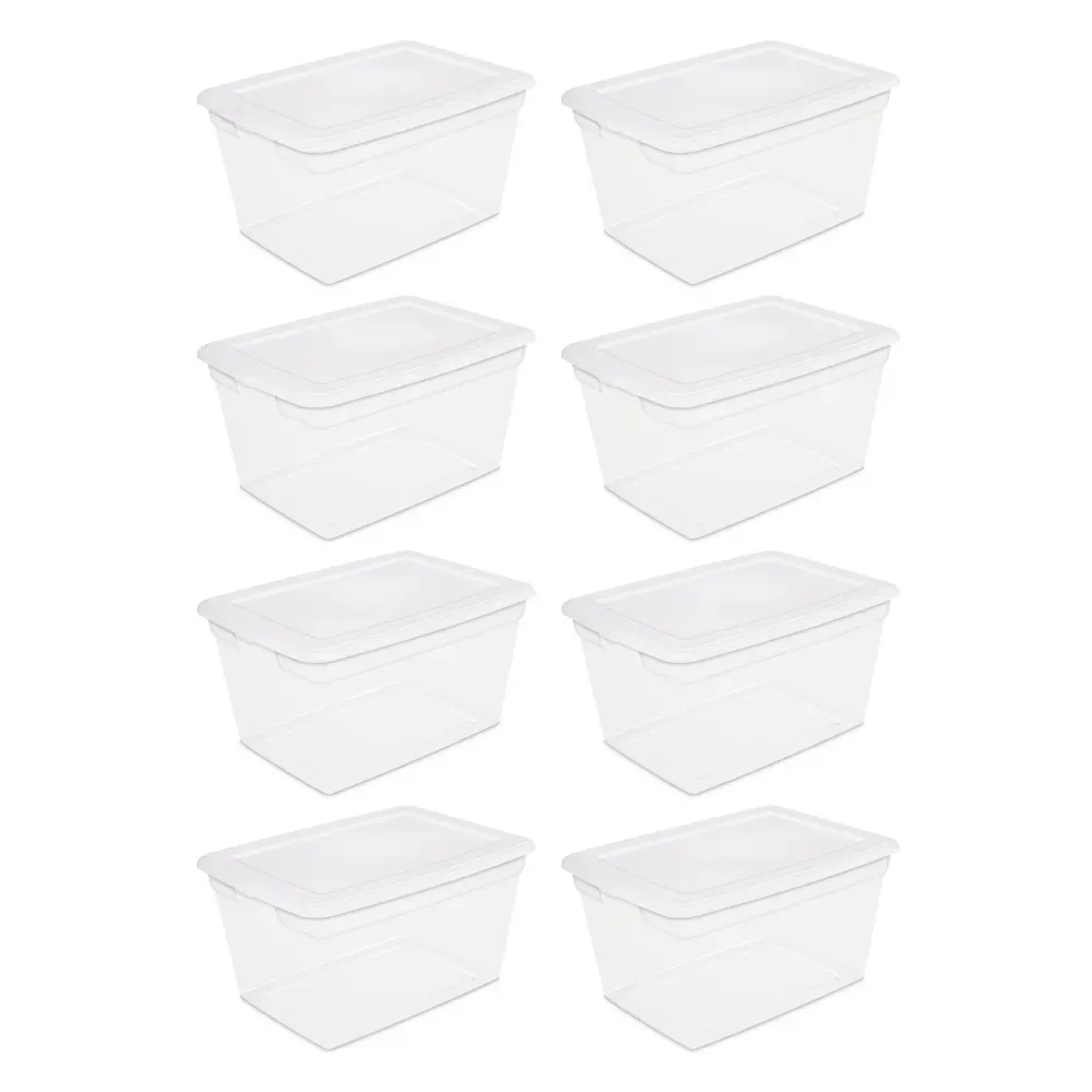 

58 Qt Storage Box Clear Base White Lid Set of 8 Plastic Stackable Storage Bin