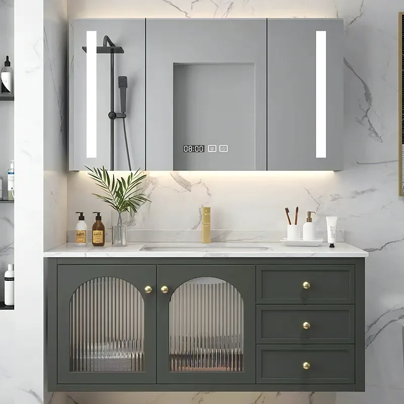 Modern Luxury Wall Mounted Bathroom Vanity With LED Mirror Solid Wood Bathroom Cabinets