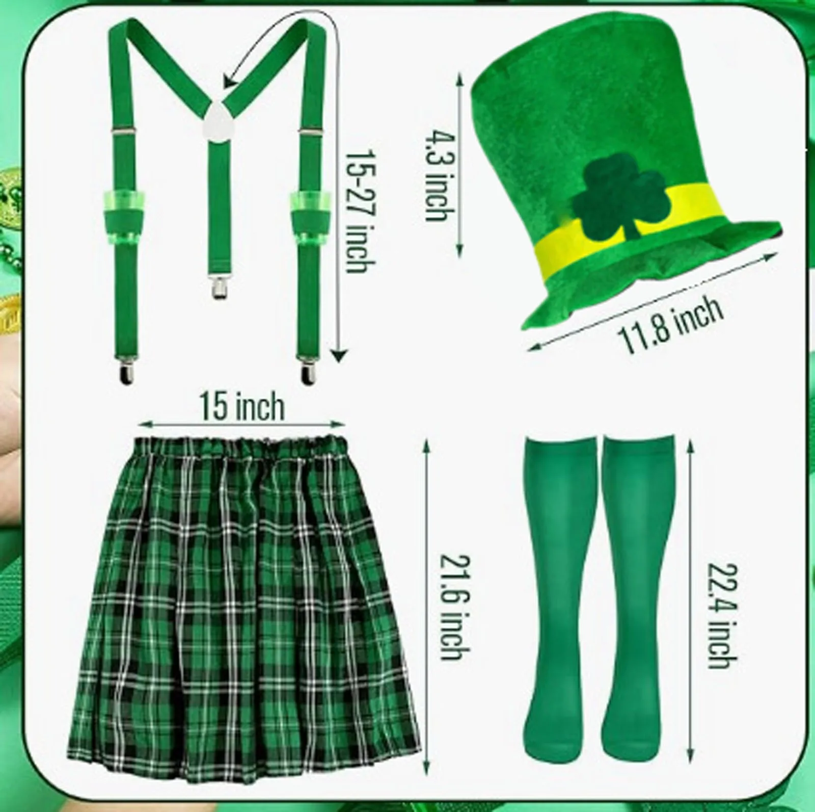 Ireland St. Patrick's Day Waiter Cosplay Costumes Green Plaid Dress Top Hat Accessories Suit Saint Patrick Holiday Party Costume