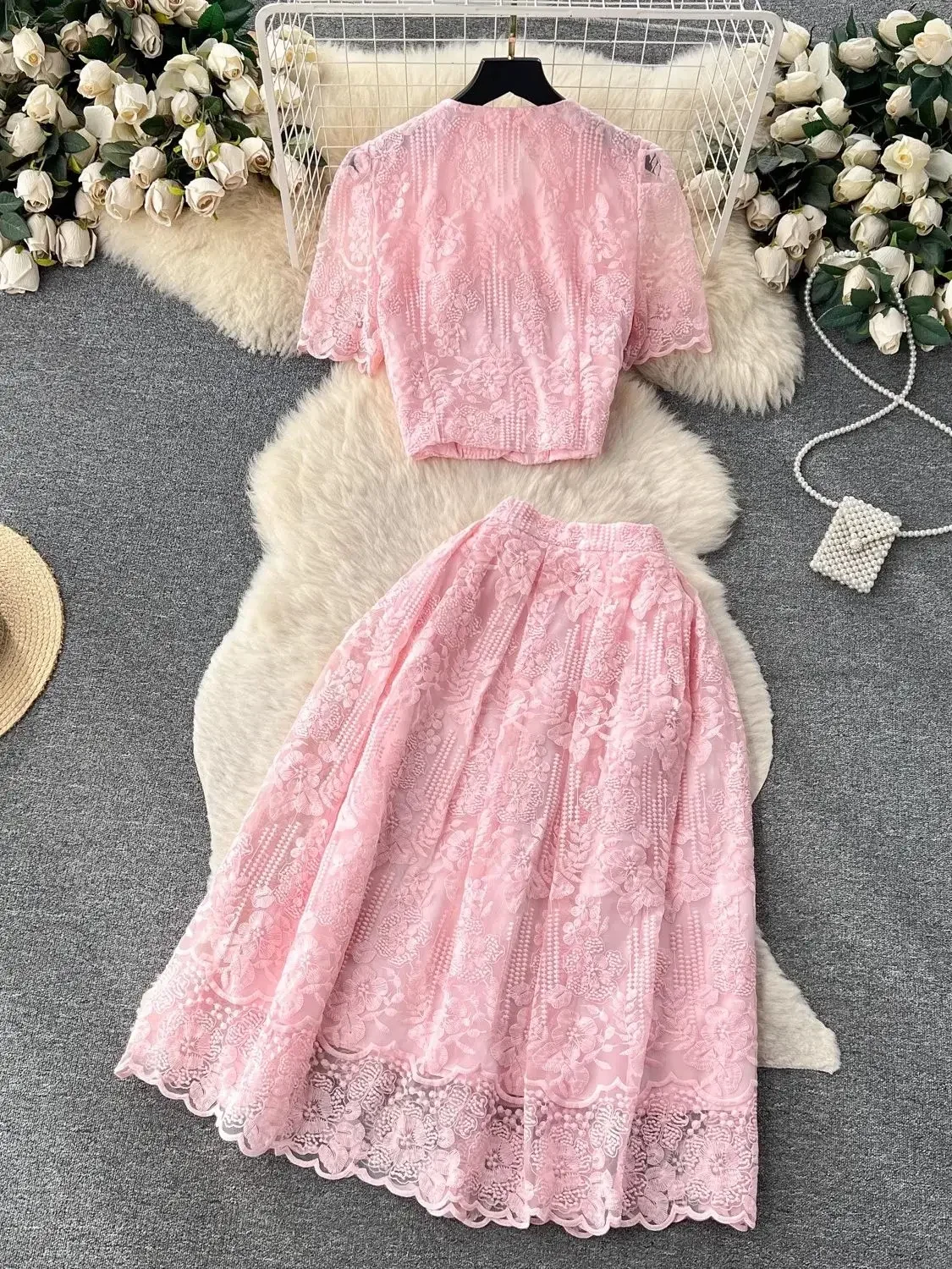 2024 Small Fragrant Embroidery Flower Two Piece Set Women Short Sleeve Pearls Buttons Pocket Lace Mesh Crop Top＋Midi Skirts Suit