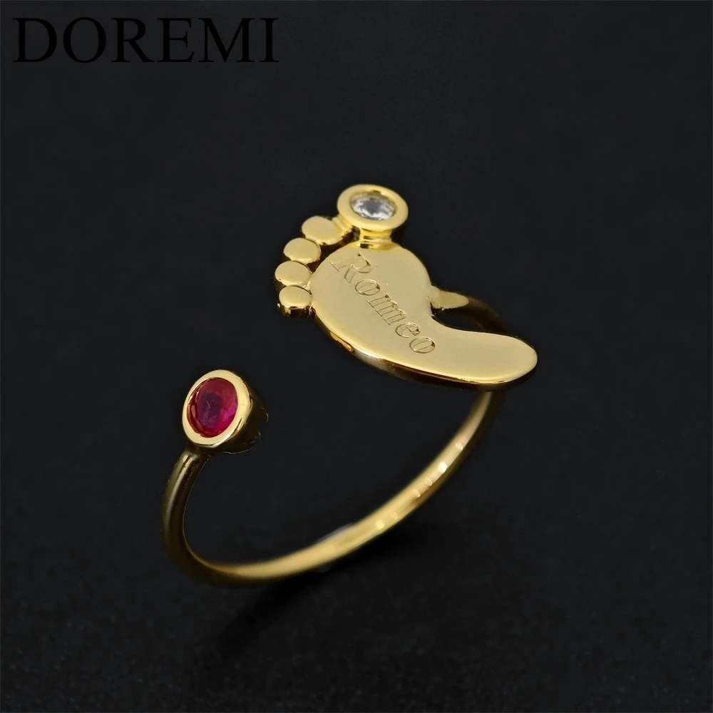 DOREMI Grils Customized Birthday Gift Engraved Any Name Baby Feet Birthstones NameRing Jewelry Private Birthstone Custom Ring