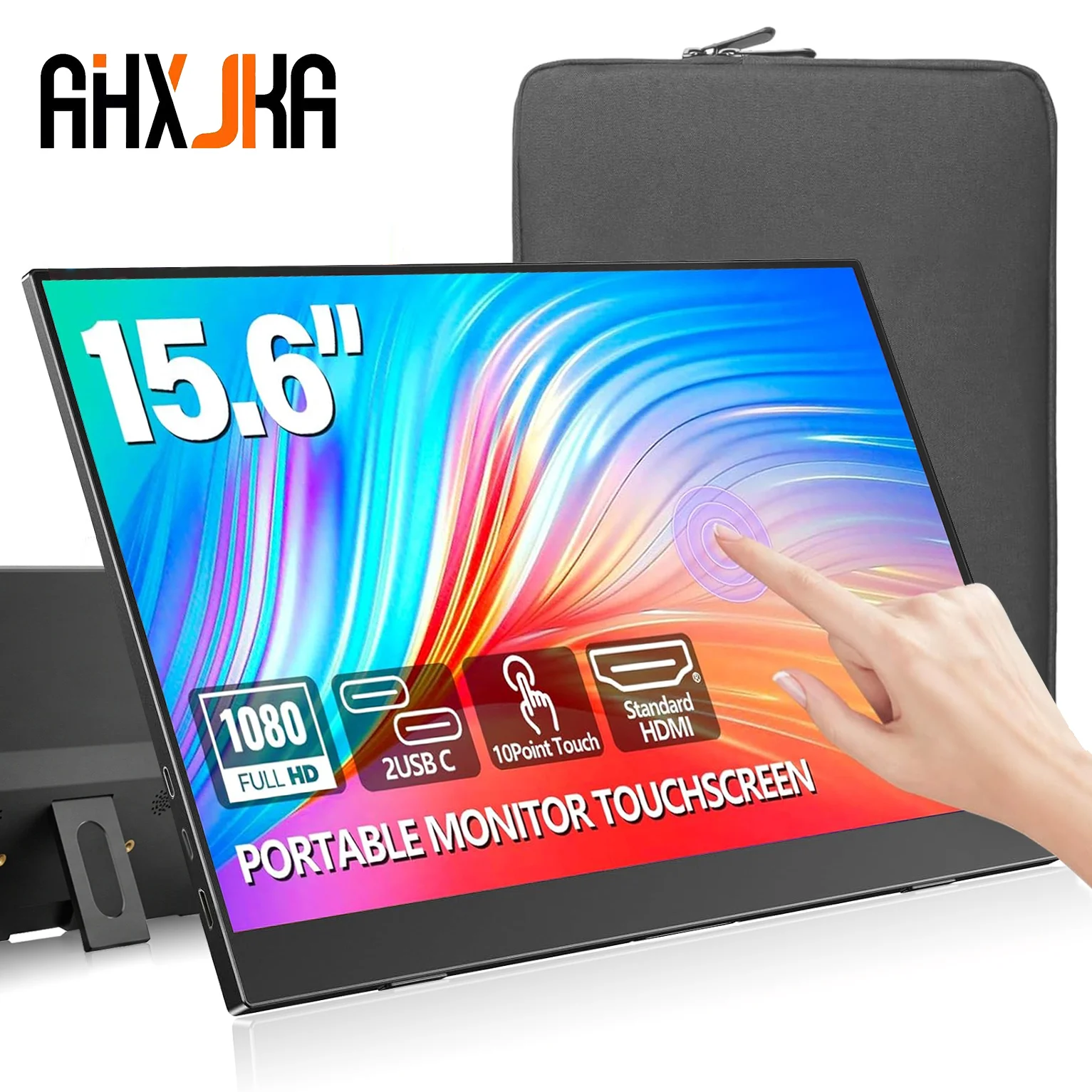 AHXJKA 15.6인치 터치 휴대용 모니터 게임 화면 FHD 컴퓨터 확장 보조 디스플레이 스피커 스탠드 XBox PS4/5 스위치 노트북용