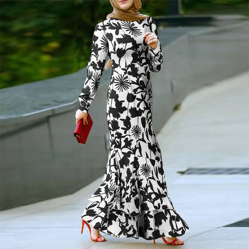 2023 Hot Sale Abayat Muslim Abaya Femme Boho Print Ruffle Hem Elegant Islamic Women Dress for Middle East Arabian Turkey