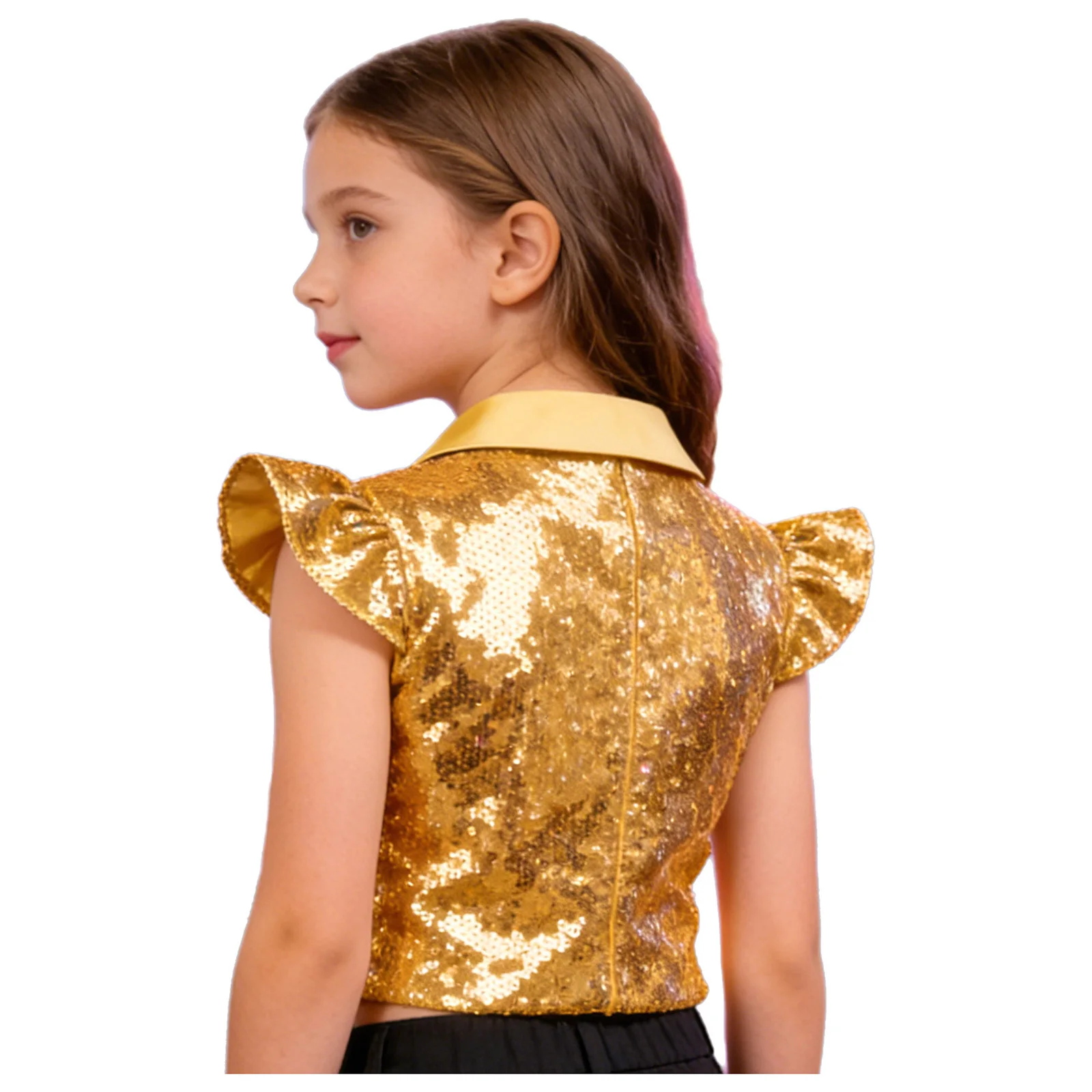 키즈 여아 반짝이 스팽글 재즈 힙합 댄스 조끼 디스코 파티 프롬 합창단 의상 플라이 슬리브 노치드 라펠 버튼 크롭 베스트
