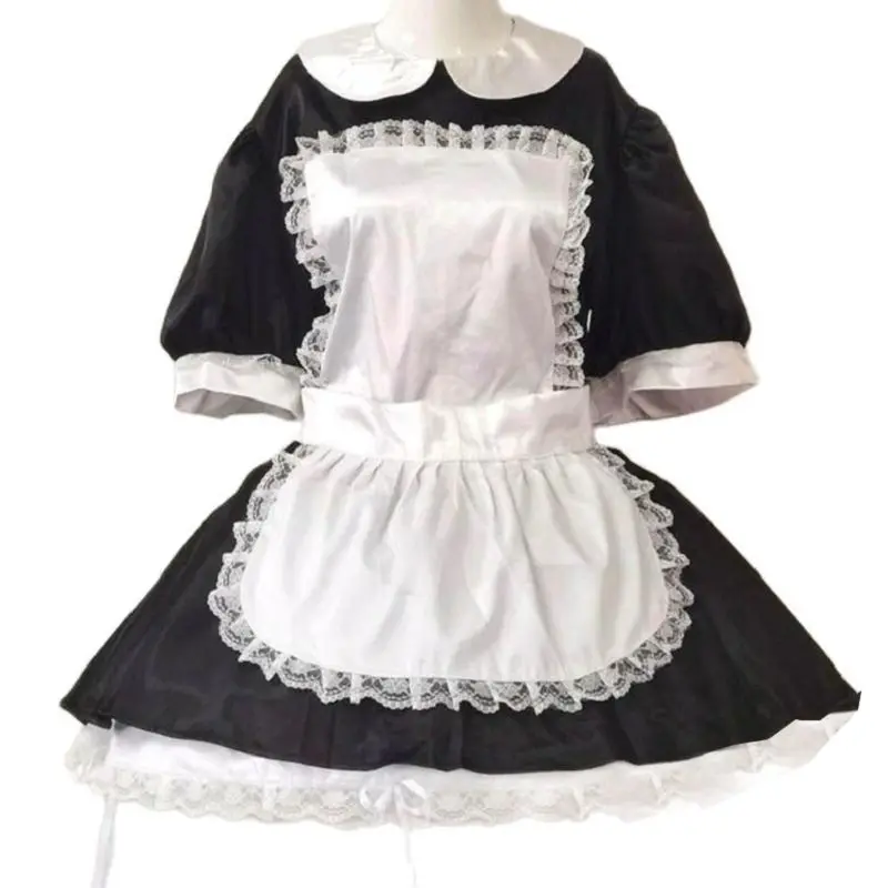 Wielokolorowy dla dorosłych gigantyczna seksowna dziewczyna dziecięca czarna sukienka satynowa cienkie krótkie rękaw maminsynek biały fartuch japońska pokojówka taniec sukienka zamykana
