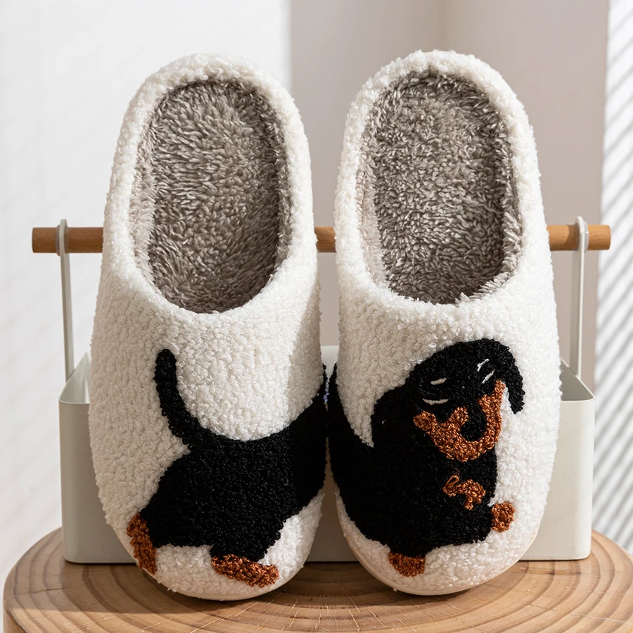 Women's Slippers Classic Dog Embroidered Pattern Winter House Indoor Soft Sole Warm Casual Comfy Leisure Bedroom Home Shoes - 4