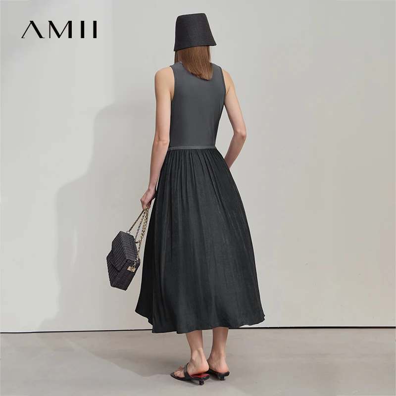 Amii Minimalist Casual Gray Dress Women 2025 Summer New Office Lady O-Neck  Splicing Sleeveless Slim Tie Waist Long Dress 2522070 - AliExpress