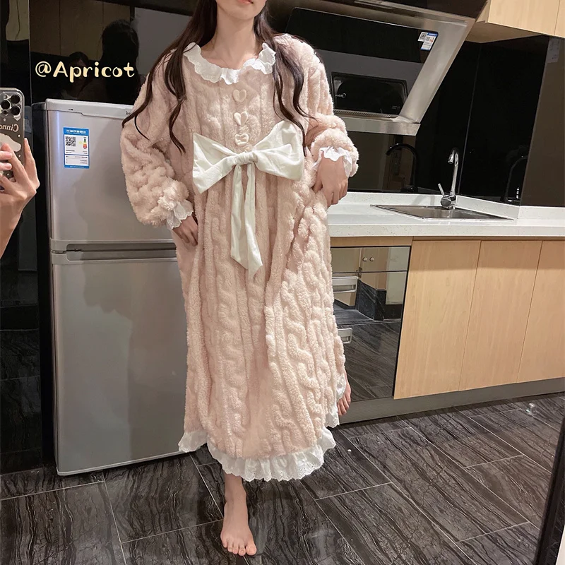 

Kawaii Girls Cute Bow Sleep Wear Long Dress Thicken Coral Fleece Nightgowns Korean Autumn Winter Loungwear Sleepshirts for Women