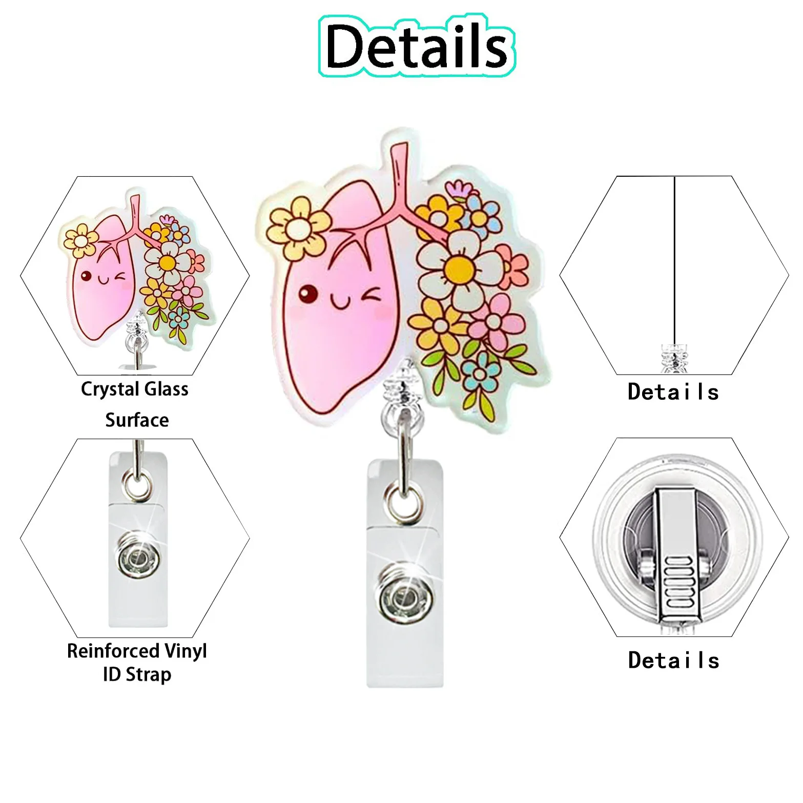 Medical Acrylic Glitter Pill Heart Lung  ID Badge Holder Retractable Badge Reel Rotatable Crocodile Clip for Doctor Nurse