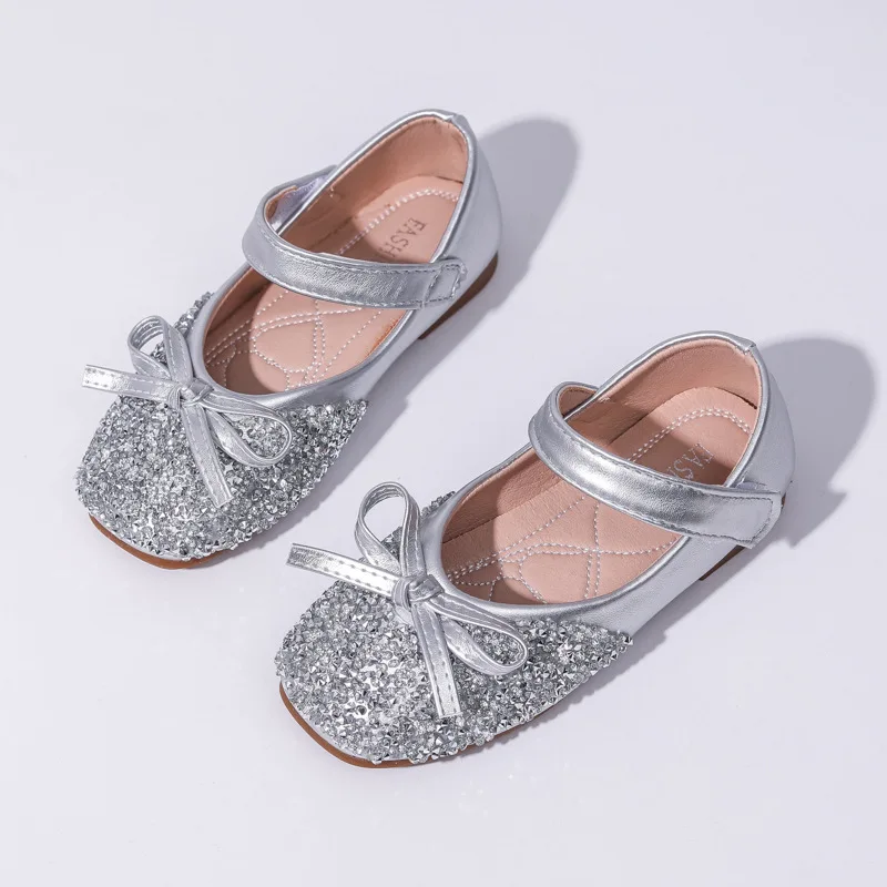 Kids Leather Shoe Spring Autumn Elegant Girls Party Shoes Fashion Sequins Bowtie Children Princess Shoes for Wedding Shallow 2