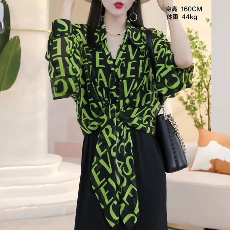 Commute Korean Bandage Blouse Female Clothing Single-breasted Spring Summer Thin Loose Turn-down Collar Fashion Letter Shirt New
