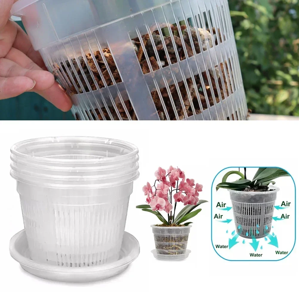 5pcs Orchid Flower Pot With Saucers Plastic Clear Repotting Pot With Holes Mesh Root Control Breathable