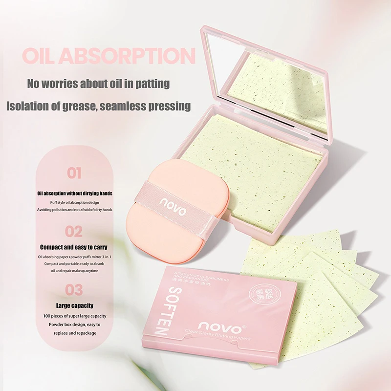 100sheets Face Oil Blotting Papers With Mirror Makeup Puff Refreshing Portable Oil Control Tool Kits Facial Oil Absorbing Sheets