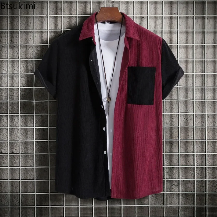New Men's Corduroy Short Sleeve Shirts Fashion Patchwork Lapel Striped Shirts Coats Men Casual Loose Colorblock Tops Blouse