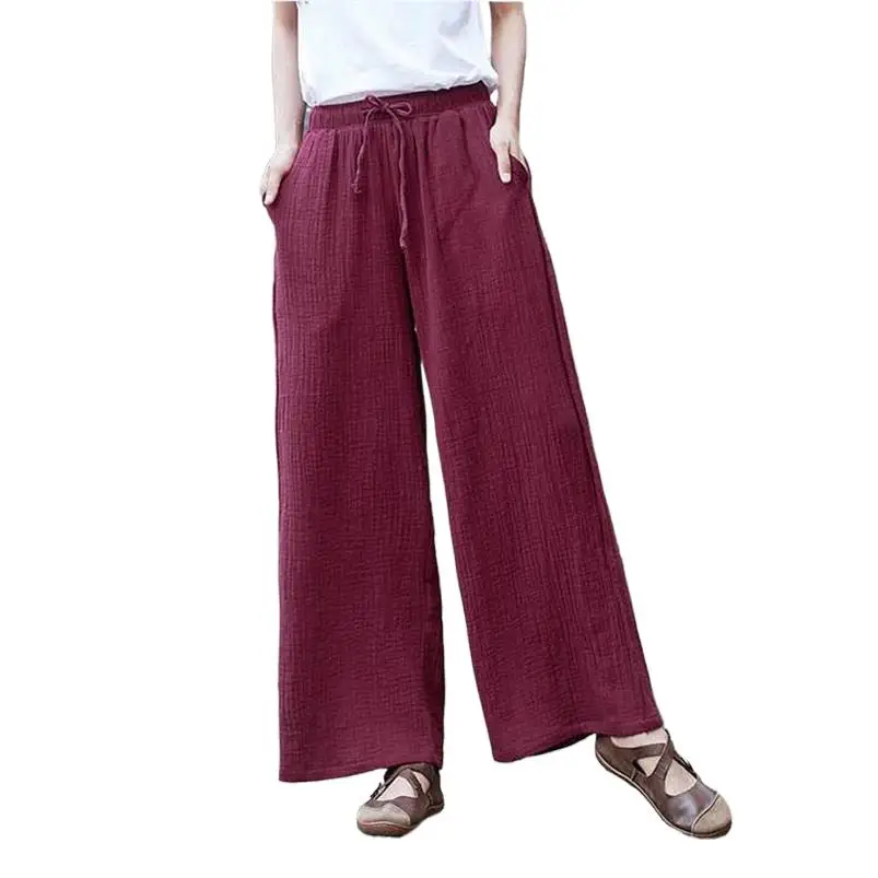 

Solid Vintage High Waist Long Trousers Hot Sale Large Size Wide Legs Pants Women Cotton Linen Soft Pantalon Pants