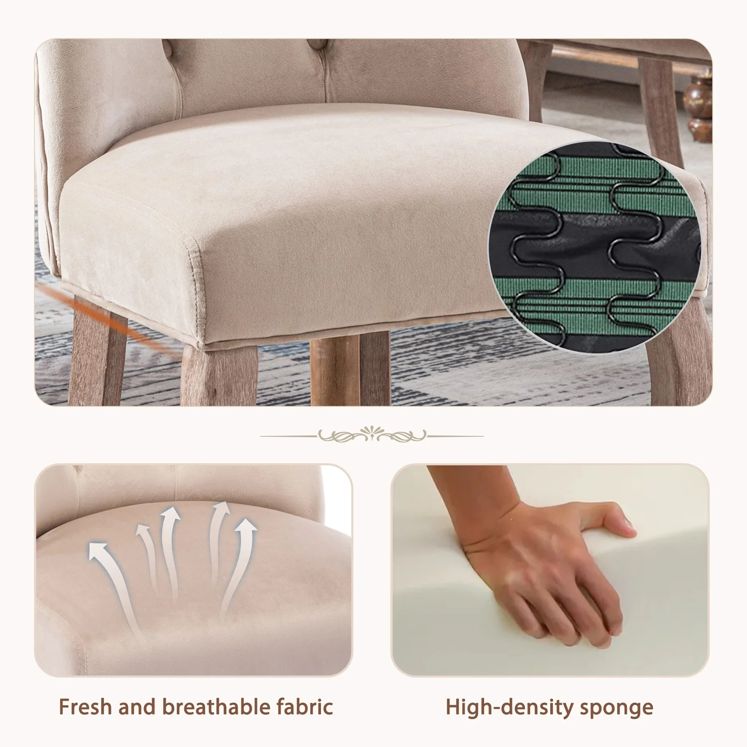 1 Pair of Elegant 4-foot Chair, Beige Velvet Dining Chair, High Backrest, With Button Padding, Solid Wood Frame, Beige – Detail 7