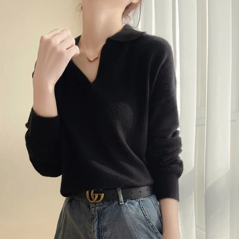 Women's Collar Knitted Sweater SpringAutumn Sleeved Solid Color Loose Korean Style Fashionable Lapel Pullover Jumper Top 6