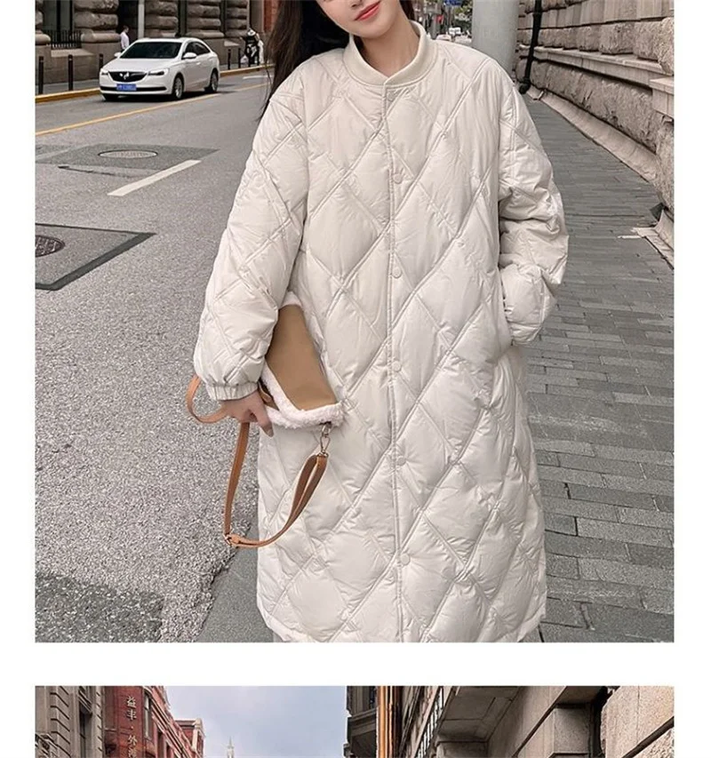 2025 Autumn Winter New Down Cotton Jacket Women's Long Over Knee Loose Jacket Diamond Grid Quilted Jacket Fake Two-Piece Parka