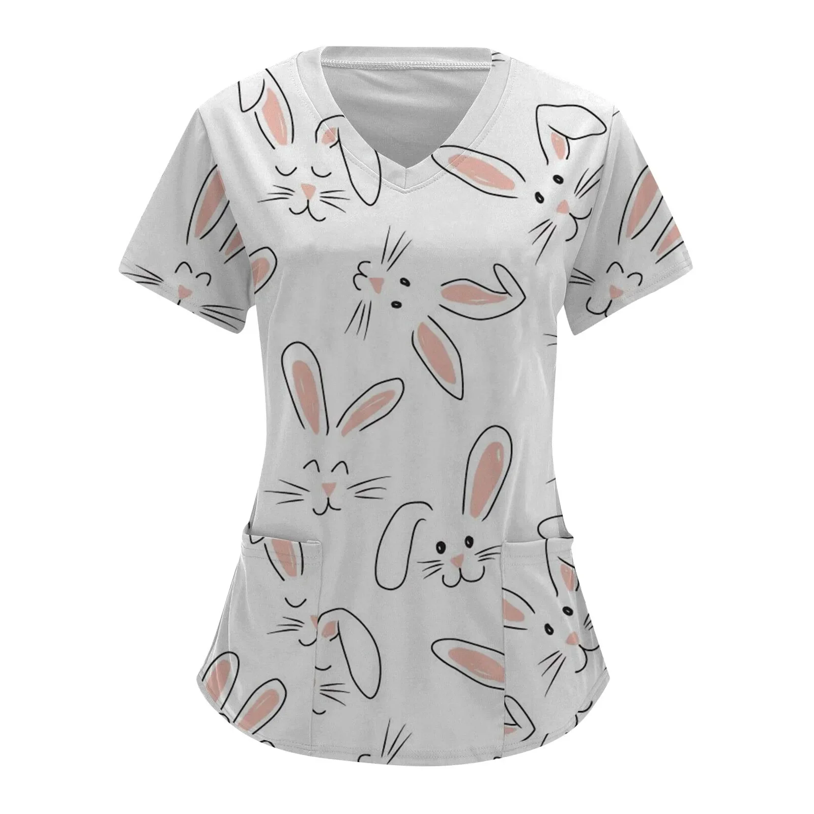 

Women Working Scrubs Tops Easter Day Eggs Print Short Sleeve V Neck Working Fitted Overalls Nurse Uniforms Healthcare Workwear