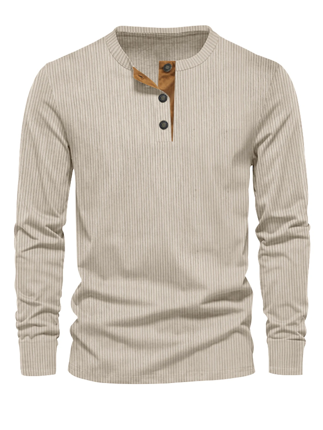 Frühling und Herbst Neues Cross-Border Herren-Cord-Freizeithemd mit Henley-Ausschnitt, schmal geschnitten, einfarbig, Langarm-T-Shirt – Detail 15