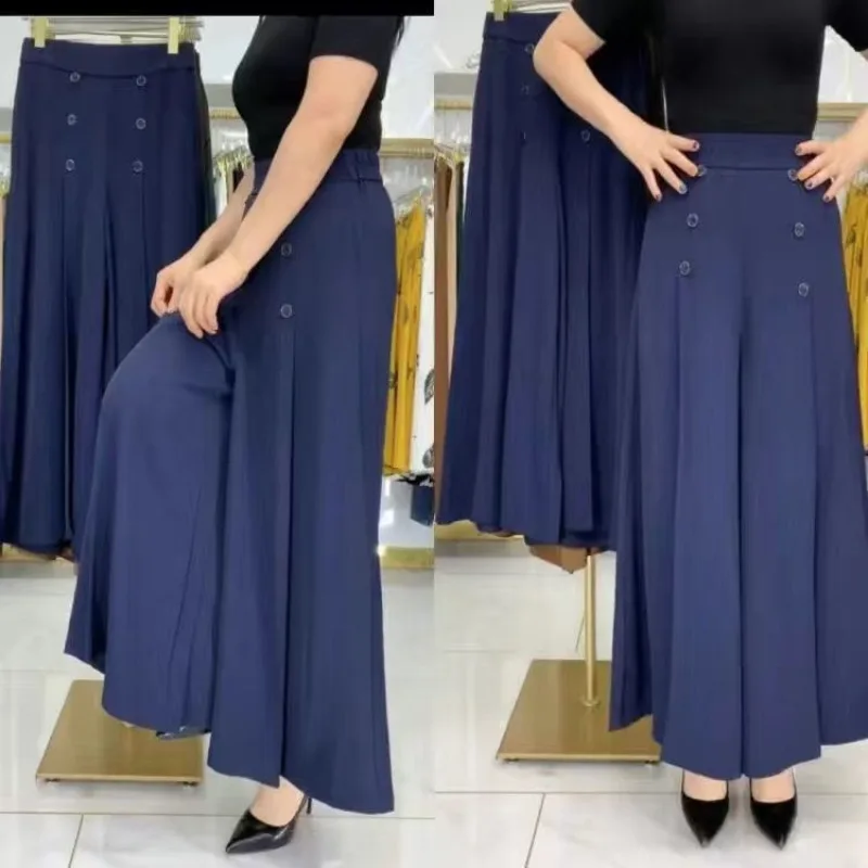 Women's Solid Elastic Waist Button Spring and Autumn Wide Leg Trouser Skirt Fashion High Waist Loose Ruched Fashionable Pants